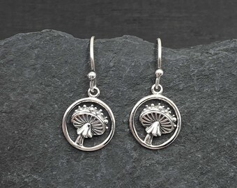Sterling Silver Mushroom Dangle Earrings, Woodland Jewelry