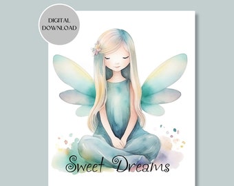 Sweet Dreams Watercolor Fairy Girl Nursery Wall Art Decor, Digital Download Printable Art for Little Girls Bedroom, Fairy Art Prints