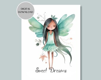 Sweet Dreams Little Girl Fairy Art Nursery Wall Decor for Girls, Printable Instant Digital Download Nursery Wall Art