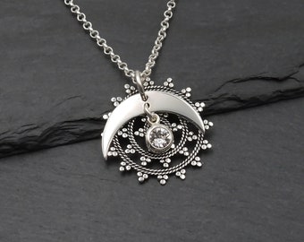 Silver Sun Moon Star Necklace Gifts, Handmade Celestial Jewelry Gifts for Women, Bohemian Boho Necklace