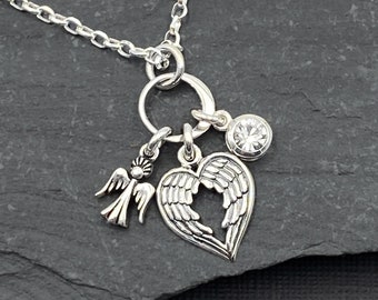 Angel Charm Necklace and Silver Angel Wing Necklace with Crystal Charm Dangle, Christian Faith Jewelry for Women, Girls