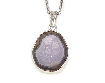 Agate Necklace, Pink Raw Agate Jewelry Gift Ideas for Mom, Silver Druzy Crystal Necklace