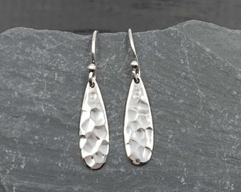 Silver Dainty Teardrop Hook Earrings, Hammered Teardrop Earrings for Women, Dainty