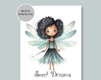 Sweet Dreams Little Girl Fairy Nursery Art Prints, Brown Girl Fairy Printable Wall Art Digital Download for Little Girls Bedroom