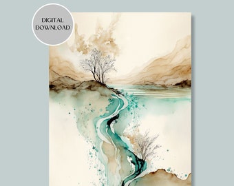 Zen Wall Art Printable Landscape Artwork, Zen Abstract in Aqua Blue Teal and Beige Instant Digital Download
