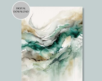 Abstract Watercolor Wall Print in Teal Green Aqua Blue and Brown, Watercolor Printable Art, Digital Download Art