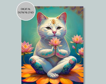 Yoga Cat Wall Art Printable Digital Download for Yoga Studio Decor, Cat Poster Nursery Decor for Baby Girls Room, Cat Yoga Pose Art Prints