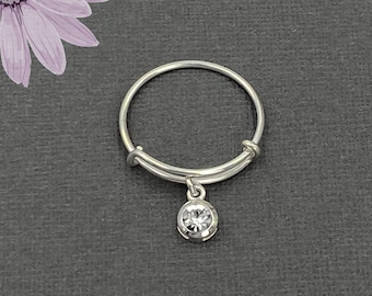 Sterling Silver Crystal Dangle Charm Ring: Adjustable Band