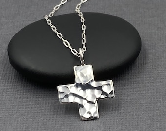 Chunky Silver Cross Necklace for Women, Hammered, Square Pendant