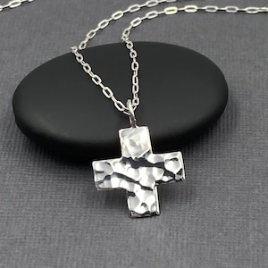 Silver Chunky Cross Necklace for Women, Square Hammered Cross Pendant, Christian Jewelry Gifts