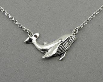 Sterling Silver Womens 1mm Box Chain 3D Swimming Humpback Whale Pendant Necklace Sterling Silver Womens 1mm Box Chain 3D Swimming Humpback Whale Pendant Necklace