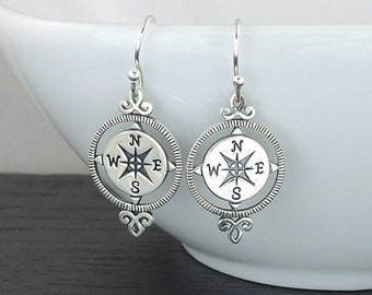 Silver Compass Earrings for Women, Large Nautical Compass Rose Jewelry with Compass, Wanderlust Gifts for Her