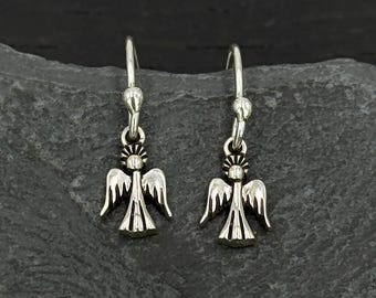 Sterling Silver Angel Earrings, Tiny Abstract Winged Silhouette, Spiritual Jewelry Gift