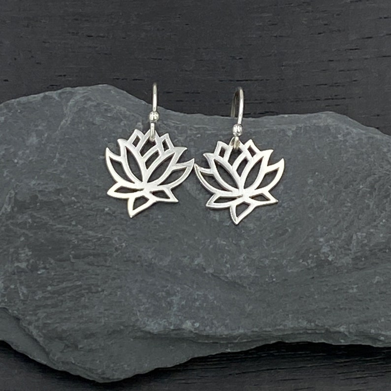 Silver Dangle Earrings for Women, Lotus Earrings, Flower Yoga Jewelry Gifts image 1