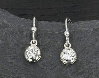 Sterling Silver Small Crystal Dangle Earrings, Tiny: Minimalist Bezel Set