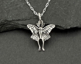 Sterling Silver Small Luna Moth Charm Necklace, Witchy Jewelry Gift