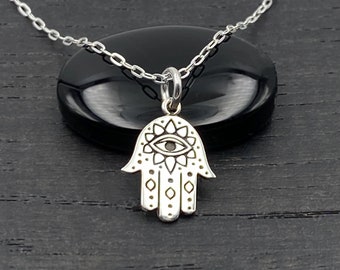 Small Silver Hamsa Necklace for Women, Yoga Jewelry Gifts for Her, Sterling Silver Hamsa Hand Charm