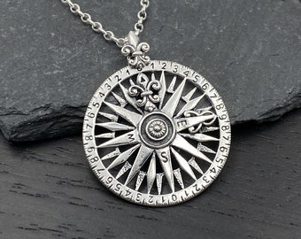Compass Necklace - Large Silver Compass Pendant for Women, Men - Nautical Jewelry - Compass Rose
