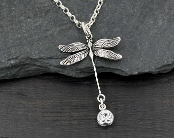 Sterling Silver Dragonfly Pendant Necklace, Crystal Dangle, Insect Nature Jewelry