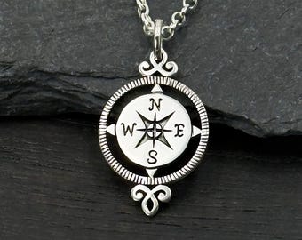 Sterling Silver Compass Rose Pendant Necklace: Nautical Jewelry Gift