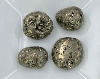 4 Pyrite Rocks Gold Round Tumbled Crystal Spheres, Fools Golds Decorative Rocks