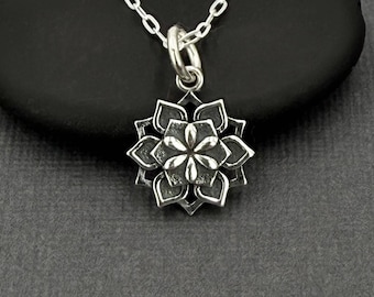 Sterling Silver Tiny Mandala Flower Charm Necklace, Yoga Jewelry Gift