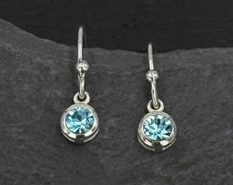 Aqua Blue Small Crystal Dangle Earrings, Tiny, Sterling Silver: Minimalist Bezel Set