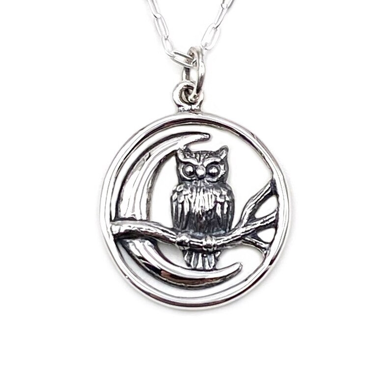 Silver Owl On a Branch Necklace for Women, Sterling Silver Crescent Moon and Owl Charm Pedant Necklace Gifts, Bird Owl Jewelry image 3