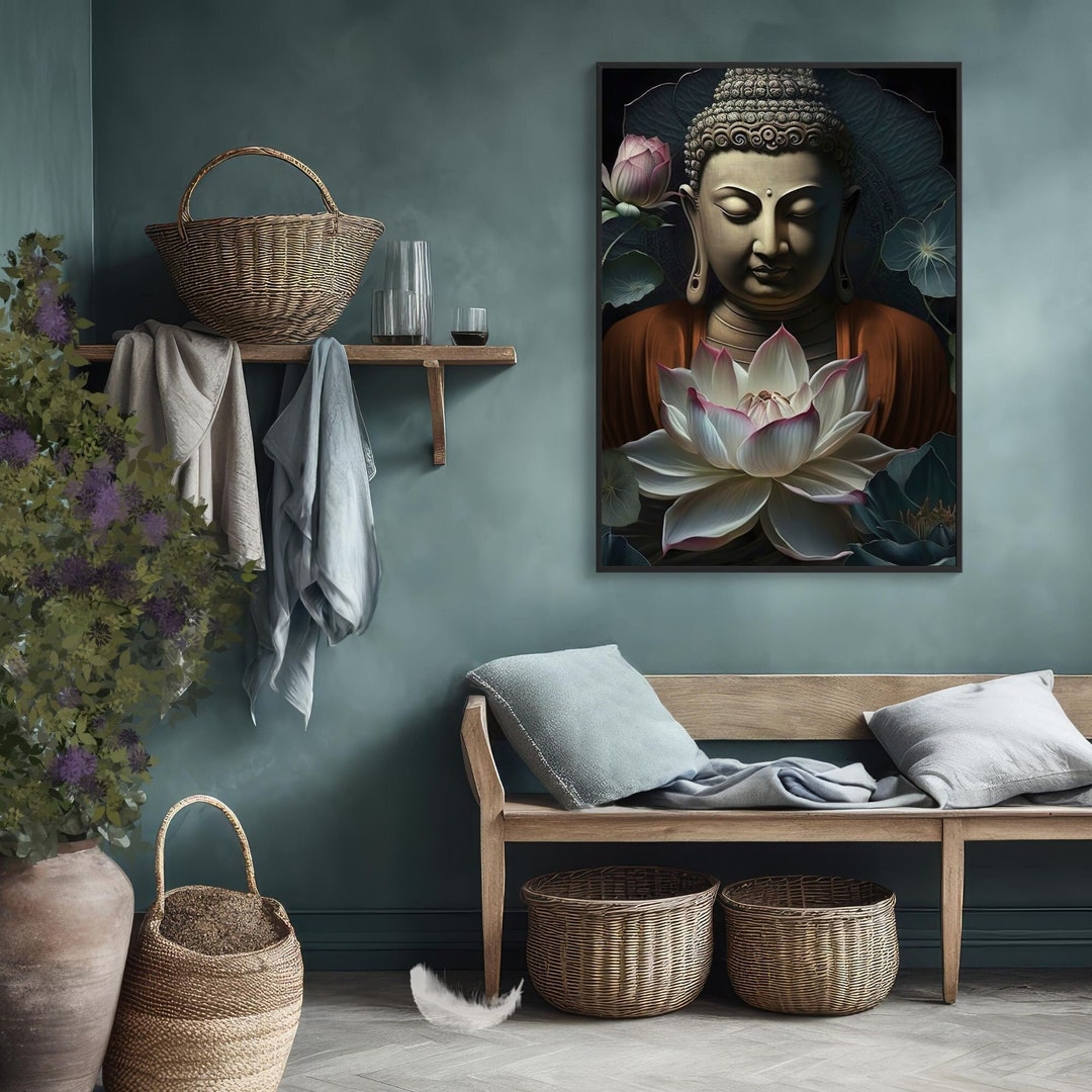 Serene Buddha Lotus Flower Wall Art Print: Yoga Studio Decor