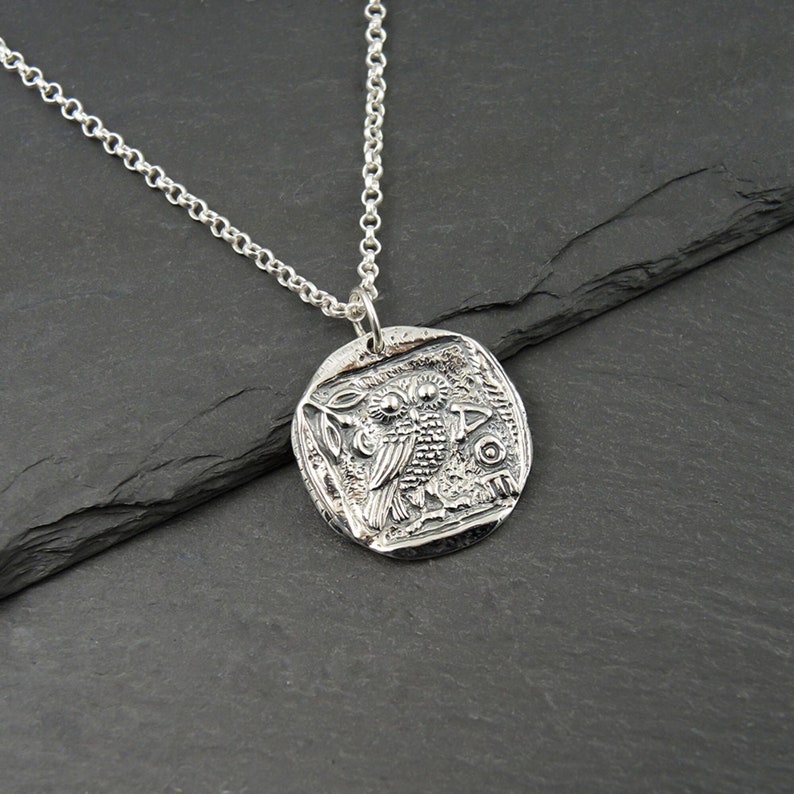 Silver Athena Owl Necklace Ancient Coin Replica Gifts for Her, Small Rustic Greek Mythology Athena Pendant image 1