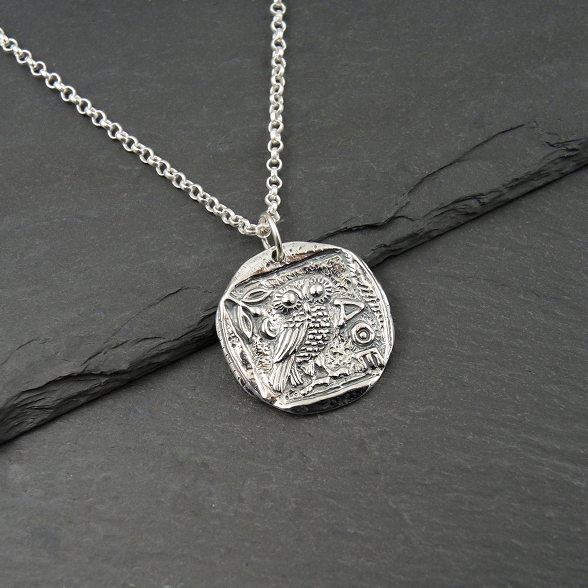 Silver Athena Owl Necklace Jewelry Gift for Women, Greek Pendant Coin Necklace
