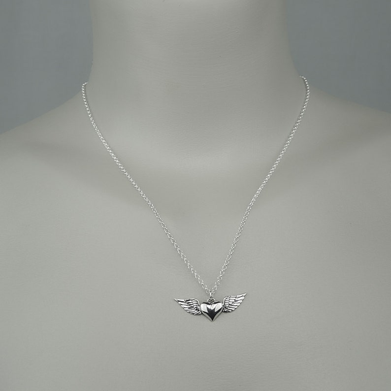 Heart With Wings Necklace, Silver Winged Heart Necklace, Angel Wing Jewelry Gift image 3