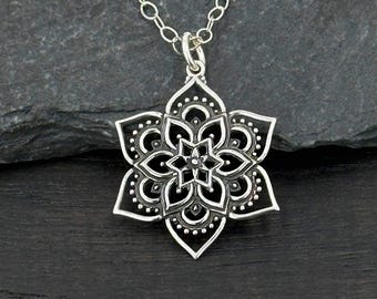 Sterling Silver Mandala Lotus Flower Necklace: Boho Jewelry Gift
