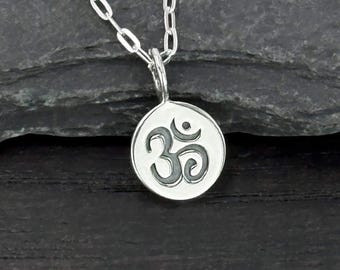 Sterling Silver Tiny Om Charm Necklace, Small Ohm Pendant, Yoga Jewelry Gift
