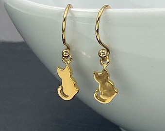 24K Gold Cat Dangle Earrings, Fishhook Ear-wires, Kitty Lover Gift