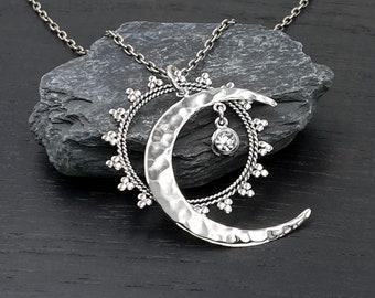 Silver Sun and Moon Necklace Gifts for Women, Celestial Jewelry Moon and Star Large Pendant Necklace with Crystal