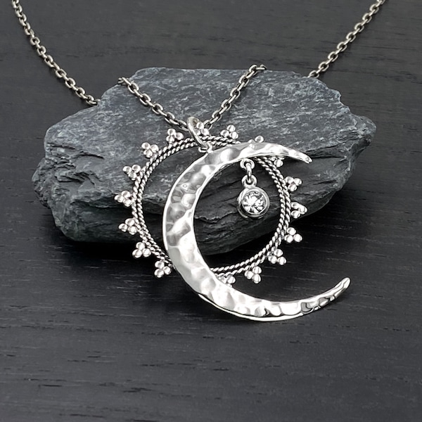 Sterling Silver Moon and Sun Necklace, Large Celestial Pendant with Crystal Star