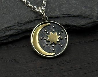 Moon and Star Charm Necklace, Mixed Metal Sterling Silver and Bronze Gold: Celestial Gifts