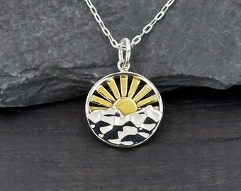 Sun Ray Charm Necklace, Silver and Gold Mixed Metal Mountain Motif