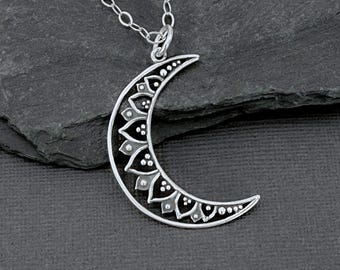 Sterling Silver Crescent Moon Pendant Necklace, Celestial Jewelry Gifts