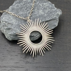 Silver Sunburst Necklace for Women, Large Starburst Sun Pendant Jewelry, Celestial Gifts