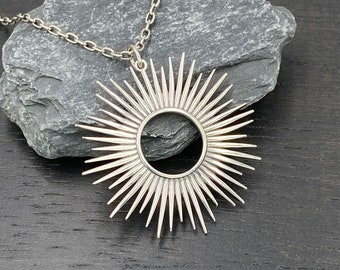 Silver Sunburst Pendant Necklace for Women, Star Burst Large Sun Pendant, Celestial Jewelry Gifts
