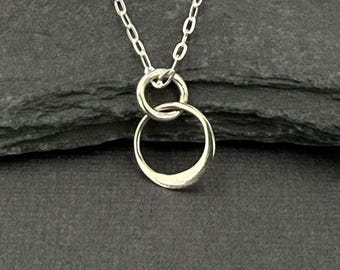 Sterling Silver Tiny Double Circle Charm Necklace, Minimalist Jewelry Gift