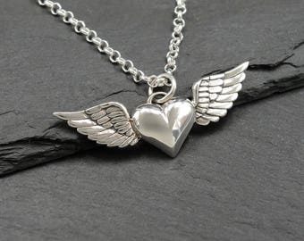 Heart With Wings Necklace, Silver Winged Heart Necklace, Angel Wing Jewelry Gift