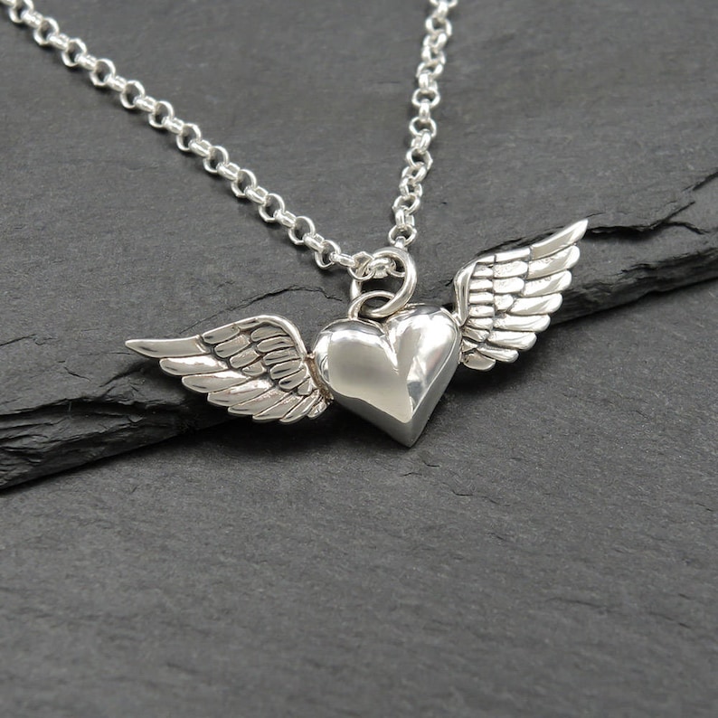 Heart With Wings Necklace, Silver Winged Heart Necklace, Angel Wing Jewelry Gift image 1