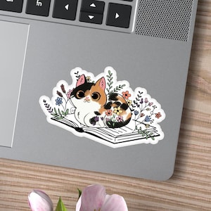 Retro Cat and Book Laptop Stickers, Boho Flower Decal, Book Lover Gift, Cat Lover Gift, Reading Cat Gift For Bookworm, Water Resistant Decal