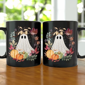 Lace Ghost Coffee Mug, Spooky Witchy Mugs for Ghost Lovers, Halloween Gift Cup, Fall Mugs, Wildflower Ghost Mug, Pumpkin Mug, Fall Decor