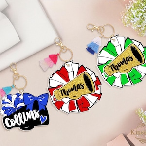 Personalized Pom Pom Bag Tag , Custom Name Tag for Backpacks, Cheer Keychain for Kids, School Spirit Sport Gift, Back to School Gifts