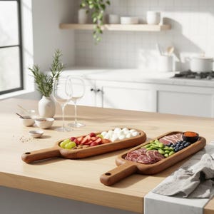 May include: Two wooden serving boards filled with food, including fruit, nuts, cheese, and cured meats. The boards have a handle and are placed on a light-colored wooden countertop. Wine glasses and small bowls are also visible.