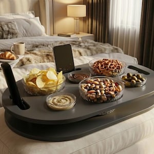 May include: A gray serving tray with various snacks, including chips, pretzels, nuts, and dips, sits on a white ottoman. A smartphone is propped up on the tray. The tray is near a bed with pillows and a blanket.